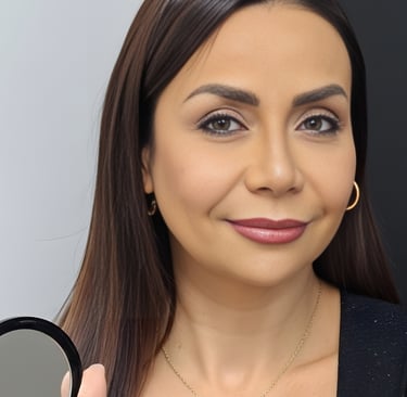 A smiling woman with long brown hair holding a makeup compact with pressed powder foundation.