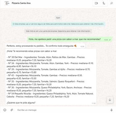 Ejemplo de recomendaciones sobre la carta de un restaurante hecho por IA para que los clientes hagan sus pedidos