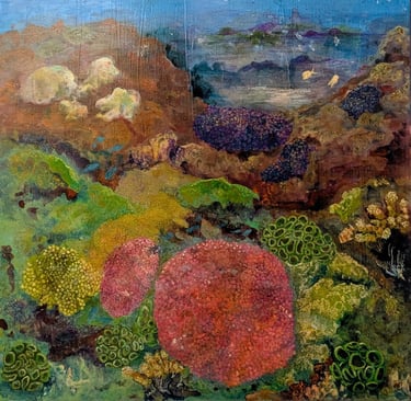A color rich acrylic painting of coral reef life under a cloudy bright sky and saltwater waves by Kathy LaFollett.