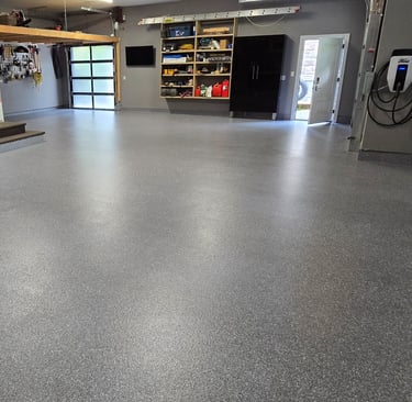MMA garage flooring with decorative flake finish and radius cove base