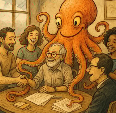 a group of people sitting around a table with a octopus