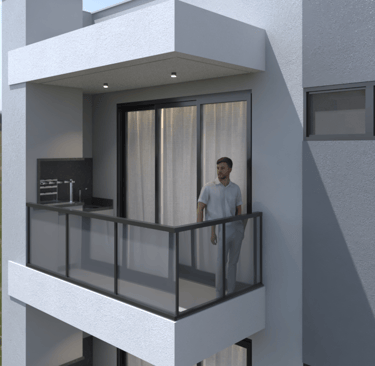 a man standing on a balcony with a balcony