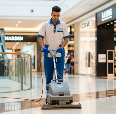 Agent de nettoyage utilisant une monobrosse pour nettoyer le sol dans un centre commercial