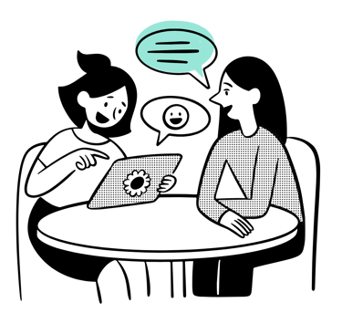 An illustration of two females discussing a project.