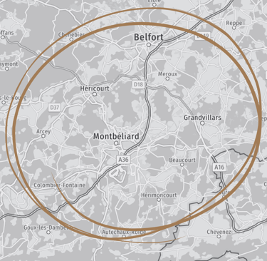 Carte mettant en avant la zone d’intervention du couvreur autour de Montbéliard, Belfort, Héricourt et Grandvillars, pour tou