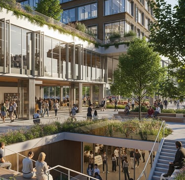 Elevated green spaces on buildings that serve as community hubs and enhance biodiversity