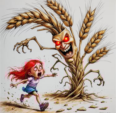 Link alla pagina "Celiachia". L'immagine è una bambina stilizzata che scappa da una spiga di grano.