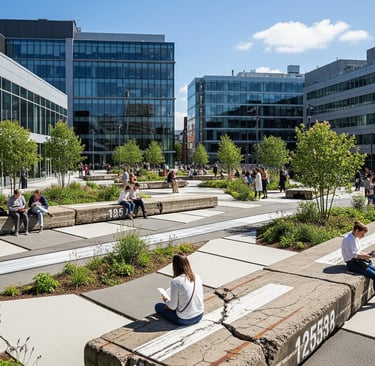 Eco-Reuse of Existing Runway Material: Repurposing segments of the old runway into seating, paving, 