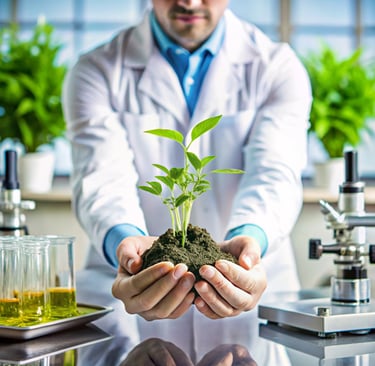 a man in a lab coat holding substrates and a plant. ghretek