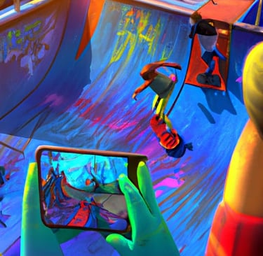 a person holding a cell phone in front of a skateboard ramp