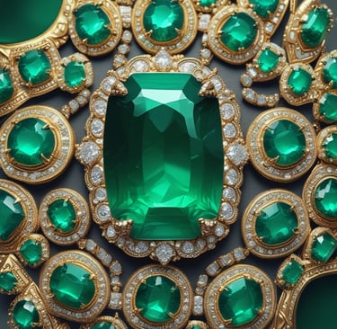 A close-up of a teardrop-shaped green gemstone set in a gold clasp. The gemstone has a smooth surface with visible natural inclusions, highlighting its authenticity. The gold setting has a rich, polished texture that complements the vibrant color of the stone.