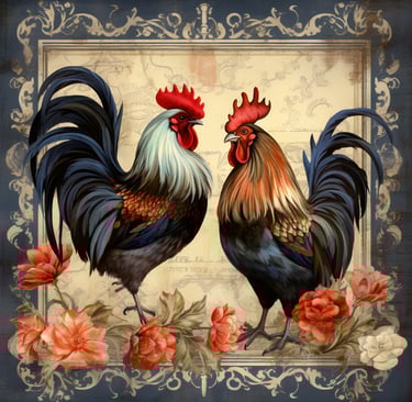 a roostertailed rooster with a floral frame