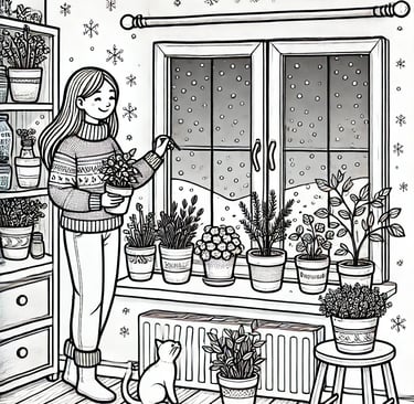 a woman in the winter with her herb garden