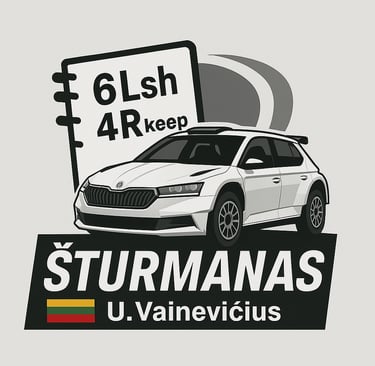 logo of the company - a rally car with a rally pacenote book and below a word Šturmanas and surname