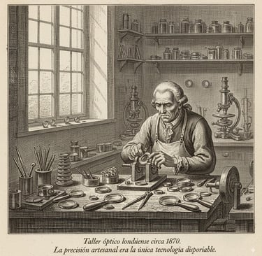 grabado Taller óptico artesanal siglo XVIII herramientas tradicionales primeros fabricantes anteojos
