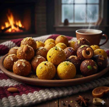 Assortment of healthy Indian winter laddus (like Gond, Dry Fruit, or Aata Laddu) displayed in a cozy setting, symbolizing war