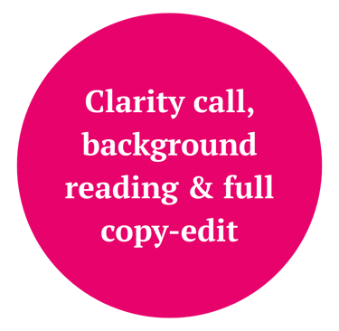 Text in circle: Clarity call, background reading and full copy-edit
