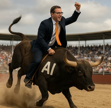 Businessman reitet den AI-Bullen
