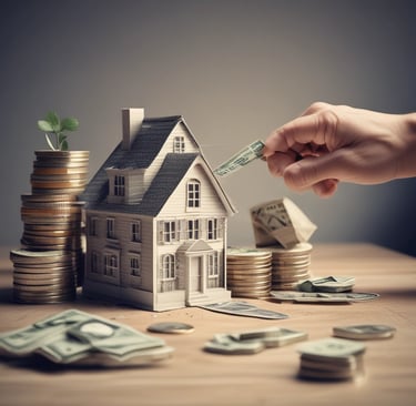 a person's hand is holding money and putting money in a house