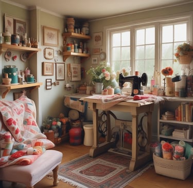 A beautifully lit, pastel colored workroom with a black vintage sewing machine and potted plants 