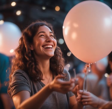 A vibrant 20-inch clear balloon filled with colorful candy and a small bouquet of flowers, glowing softly in natural light.