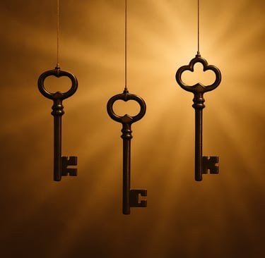 Trois clés suspendues dans un ciel doré, symbolisant les choix inconscients et les chemins possibles