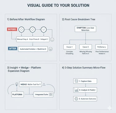A four-part diagram illustrating the best visuals for Problem and Solution slides, including workflo