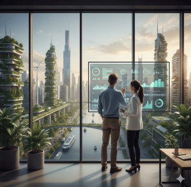 a man and woman standing in front of a large window