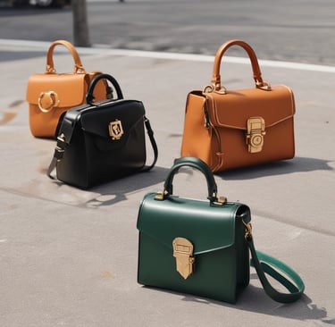 A beautifully arranged flat lay of luxury handbags and accessories on a soft cream background.