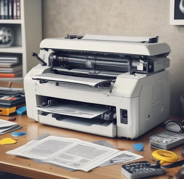 a white and black printer sitting on top of a counter
