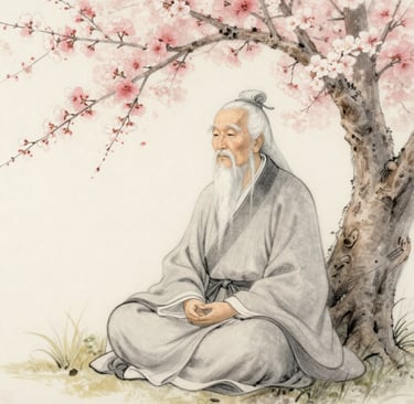 Lao Tzu meditating in nature demonstrating mindfulness and natural healing ancient wisdom