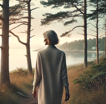 A woman walking peacefully in the nature. Soft light, muted tones, calm reflection.