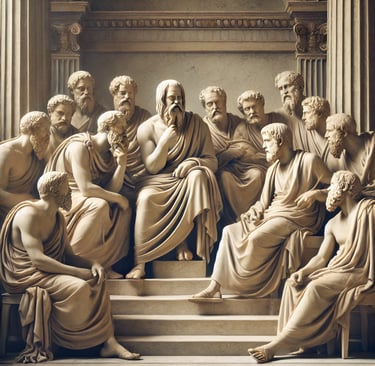 Ancient philosophers in timeless dialogue enduring wisdom.