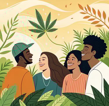 a group of people standing around a plant cbd cannabis
