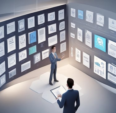 איש מציג תוכניות דיגיטליות מול לוח חכם – מייצג ניהול והובלת פרויקטים טכנולוגיים