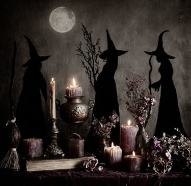 Un autel de sorcières avec des bougies éclairées par la pleine lune.