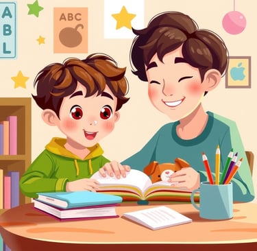 a boy and his father are reading a book