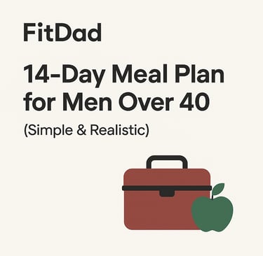 Minimal FitDad 14-Day Meal Plan hero image with lunchbox and apple icon for men over 40.