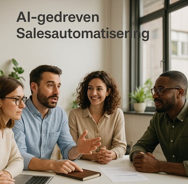 Salesteam overlegt in een moderne kantoorruimte met natuurlijke lichtinval.