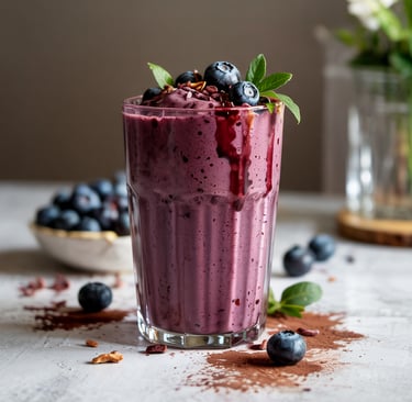 Mood-Lifting Blueberry Cacao Smoothie in a glass,topped with fresh blueberries and almond butter.
