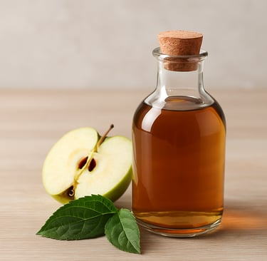 Botella de vinagre de manzana y rodajas de manzana sobre fondo neutro para uso cosmético natural