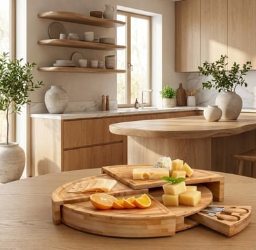 a table with cheese boarders and cheese boardelplank in een moderne keuken