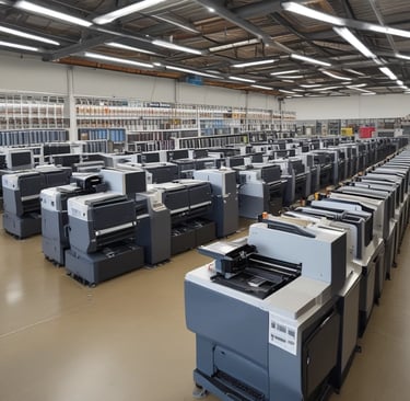 a large room with many different types of printers