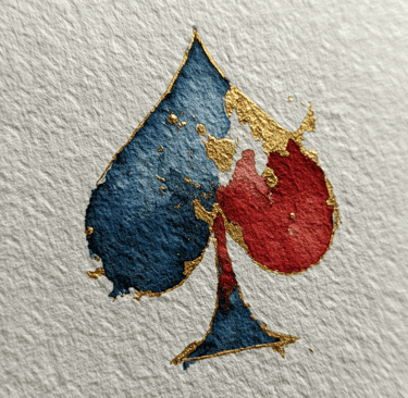 Watercolor spade symbol with blue and red washes and gold accents on textured paper.