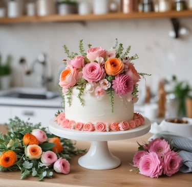 white cake decorated with orange and pink flowers