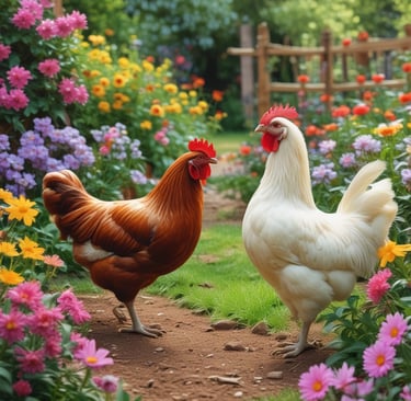brown and white chickens in chicken friendly garden