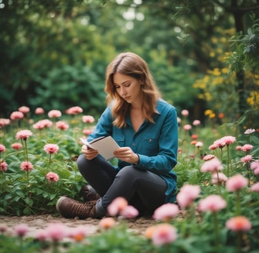 woman sat down in garden reading