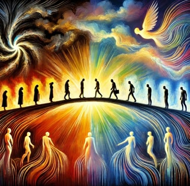 a group of people walking across a bridge