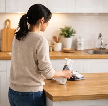 Wiping a kitchen counter during a daily reset routine to keep the home clean