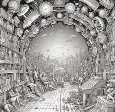a drawing of a man's room with a clock and a clock